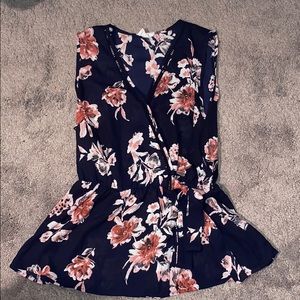 Navy Sleeveless Floral Top with Bow to Tie